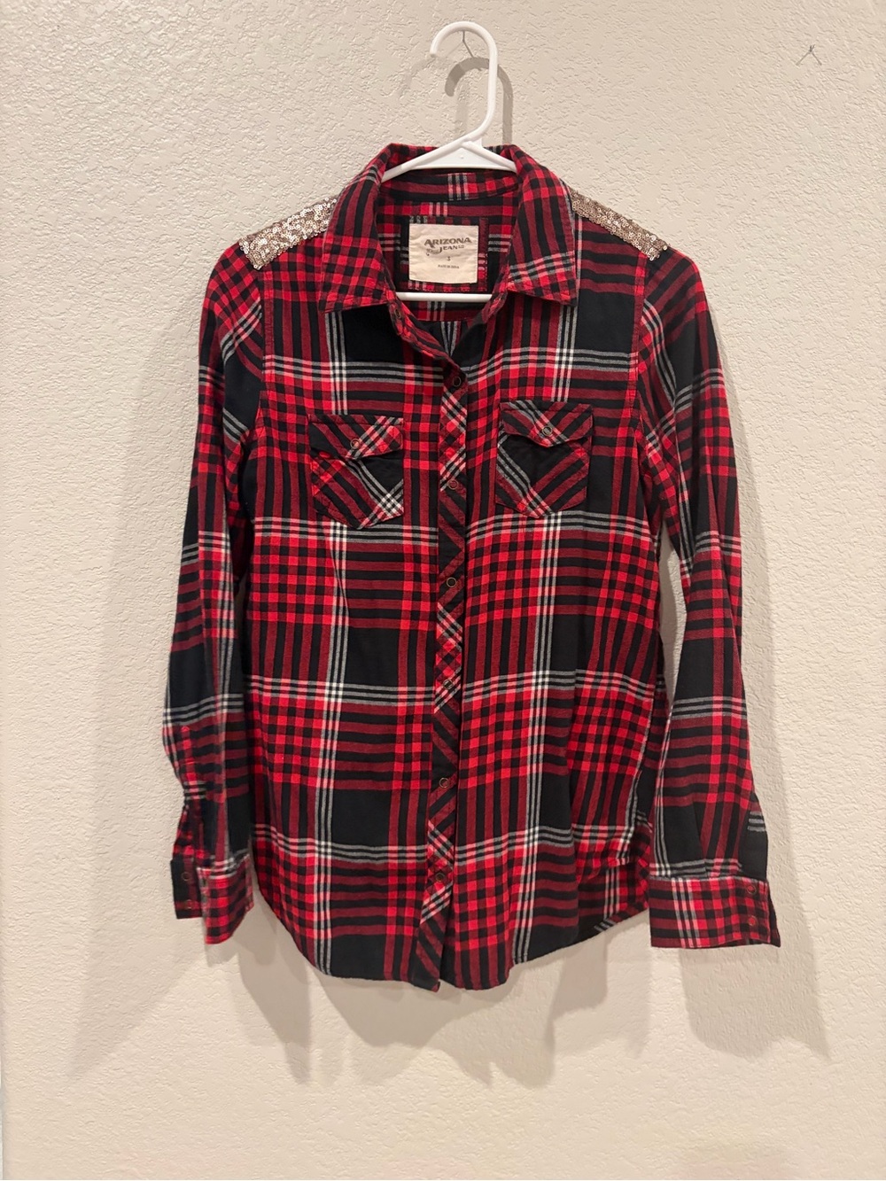 Arizona Jean Co Red Plaid Sequin Shoulder Shirt Small